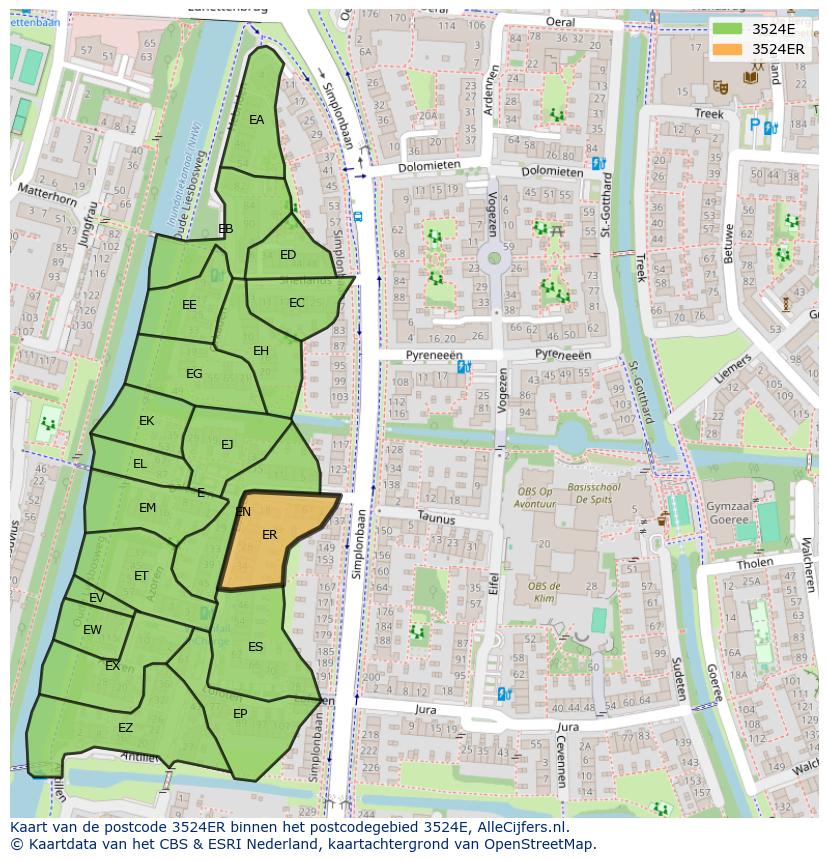 Afbeelding van het postcodegebied 3524 ER op de kaart.