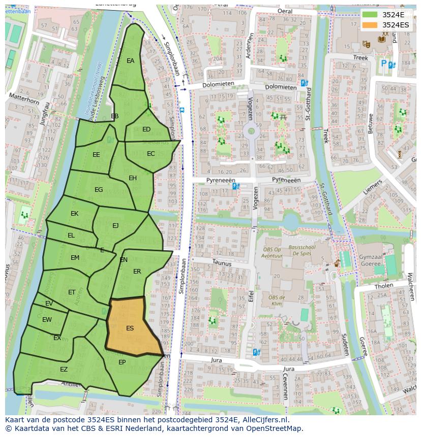 Afbeelding van het postcodegebied 3524 ES op de kaart.
