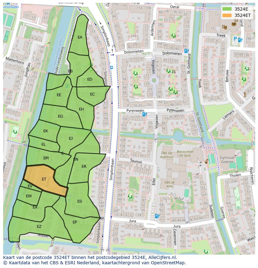 Afbeelding van het postcodegebied 3524 ET op de kaart.