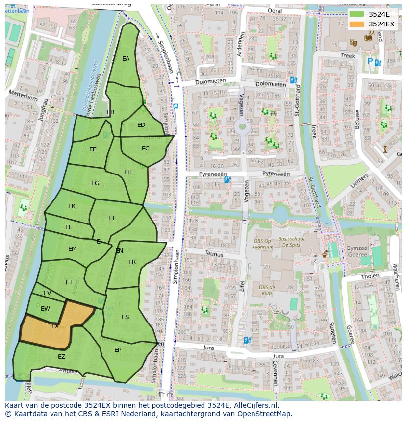 Afbeelding van het postcodegebied 3524 EX op de kaart.