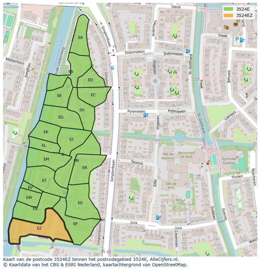 Afbeelding van het postcodegebied 3524 EZ op de kaart.