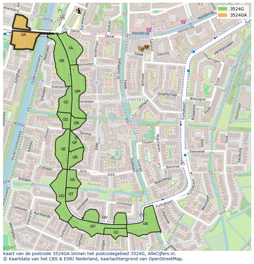 Afbeelding van het postcodegebied 3524 GA op de kaart.
