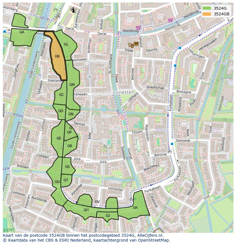 Afbeelding van het postcodegebied 3524 GB op de kaart.