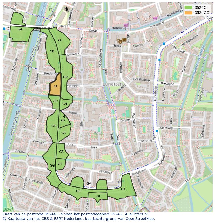 Afbeelding van het postcodegebied 3524 GC op de kaart.