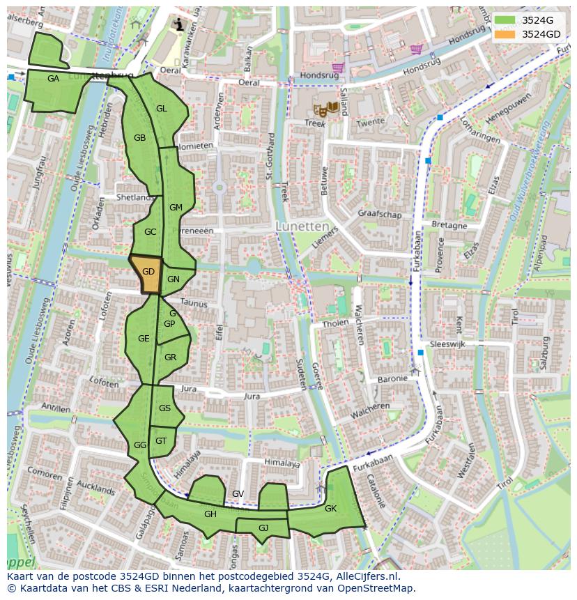 Afbeelding van het postcodegebied 3524 GD op de kaart.