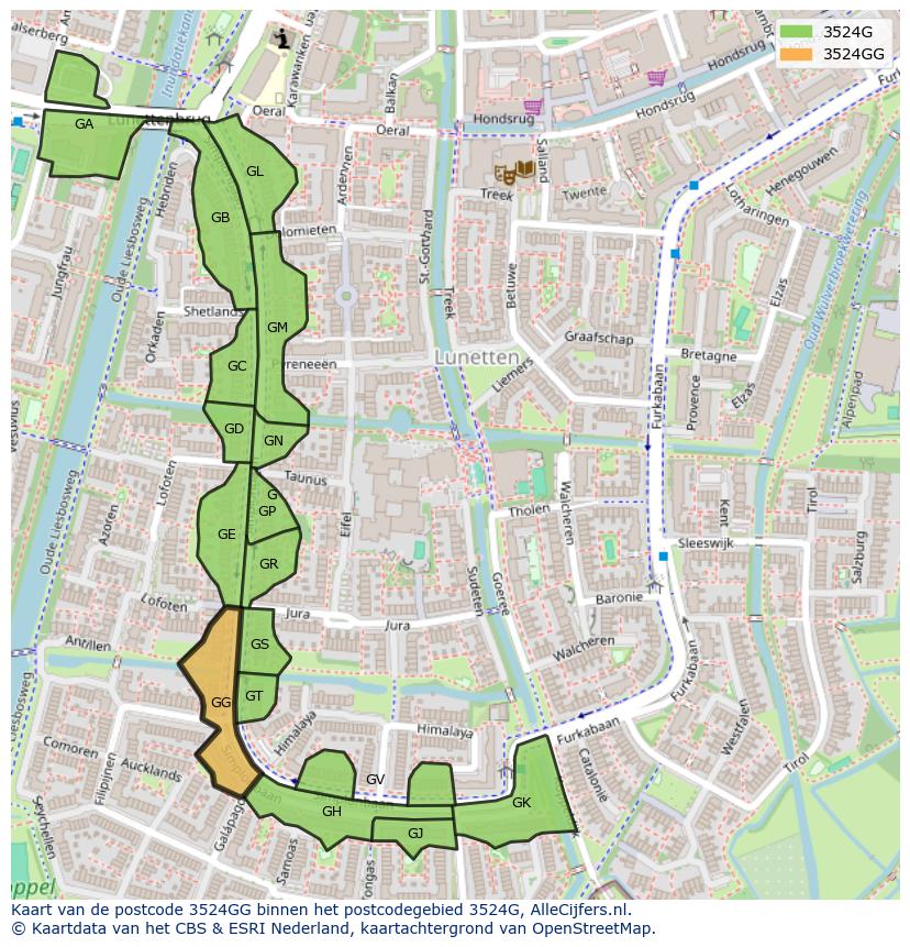 Afbeelding van het postcodegebied 3524 GG op de kaart.