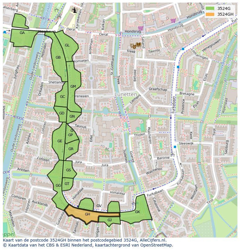 Afbeelding van het postcodegebied 3524 GH op de kaart.