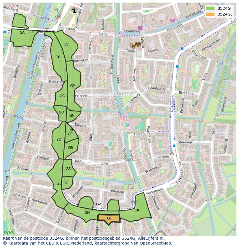 Afbeelding van het postcodegebied 3524 GJ op de kaart.
