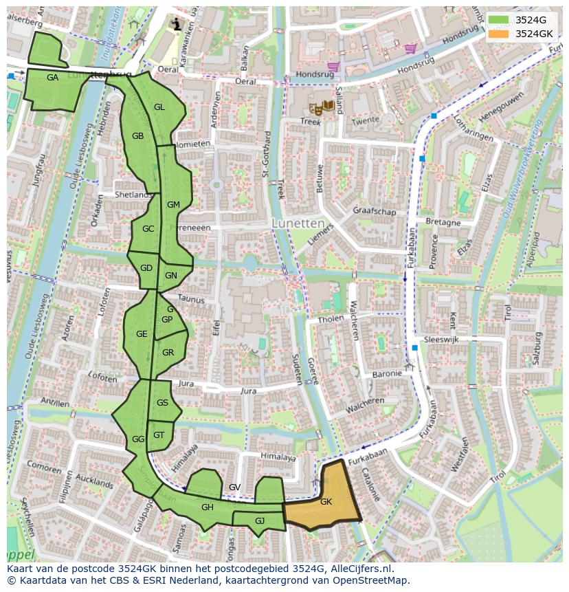 Afbeelding van het postcodegebied 3524 GK op de kaart.