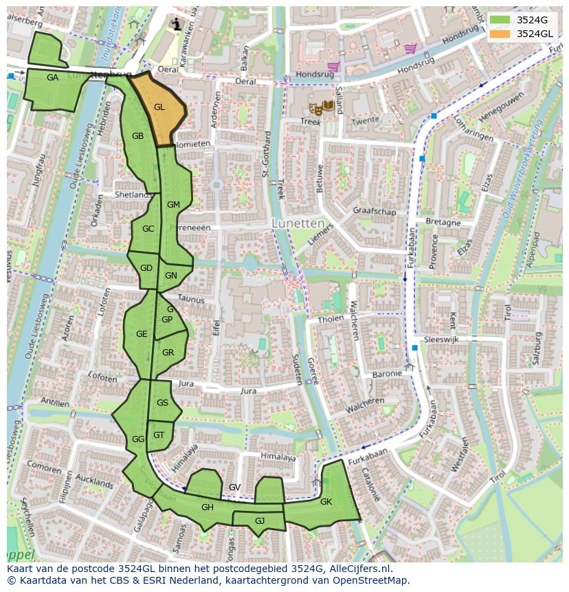 Afbeelding van het postcodegebied 3524 GL op de kaart.