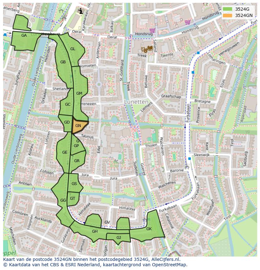 Afbeelding van het postcodegebied 3524 GN op de kaart.