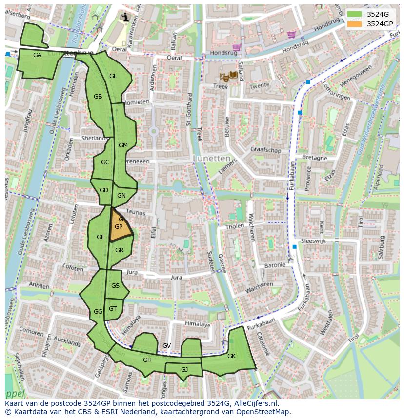 Afbeelding van het postcodegebied 3524 GP op de kaart.