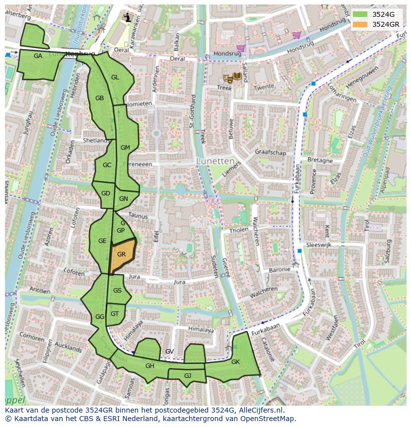 Afbeelding van het postcodegebied 3524 GR op de kaart.