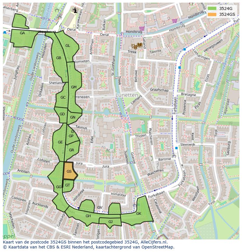 Afbeelding van het postcodegebied 3524 GS op de kaart.