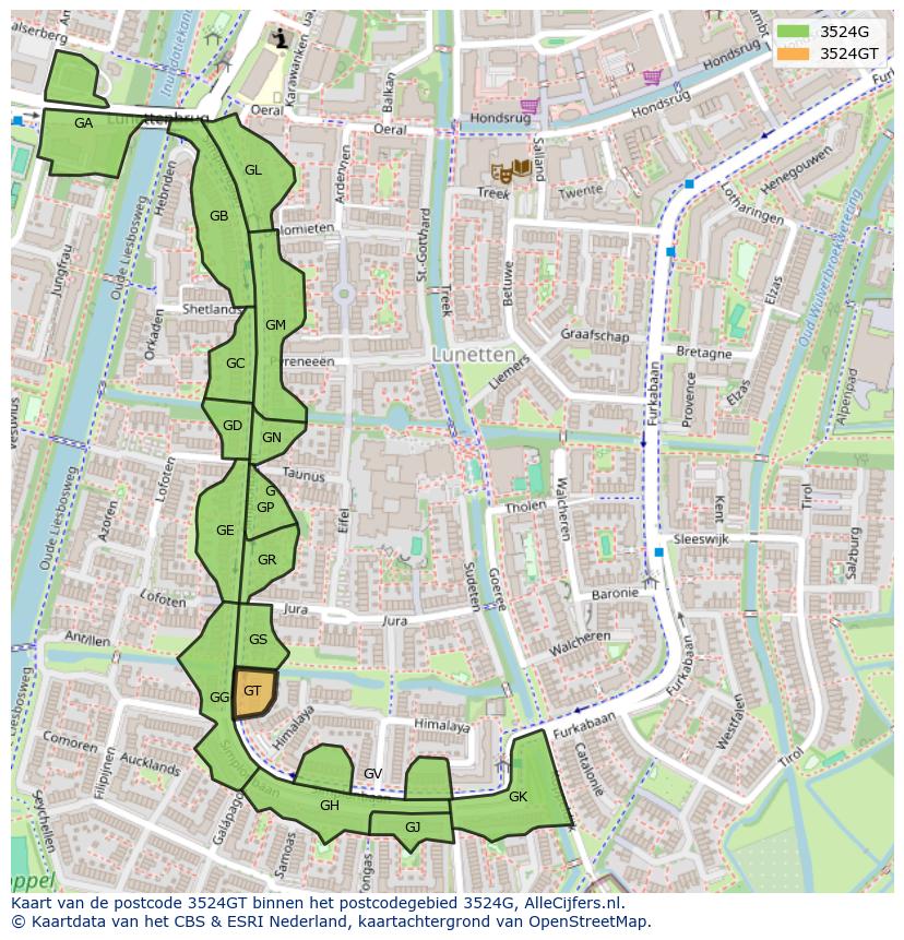 Afbeelding van het postcodegebied 3524 GT op de kaart.