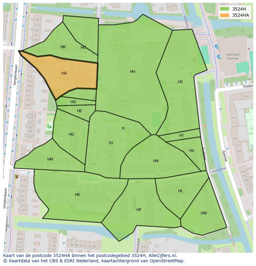 Afbeelding van het postcodegebied 3524 HA op de kaart.