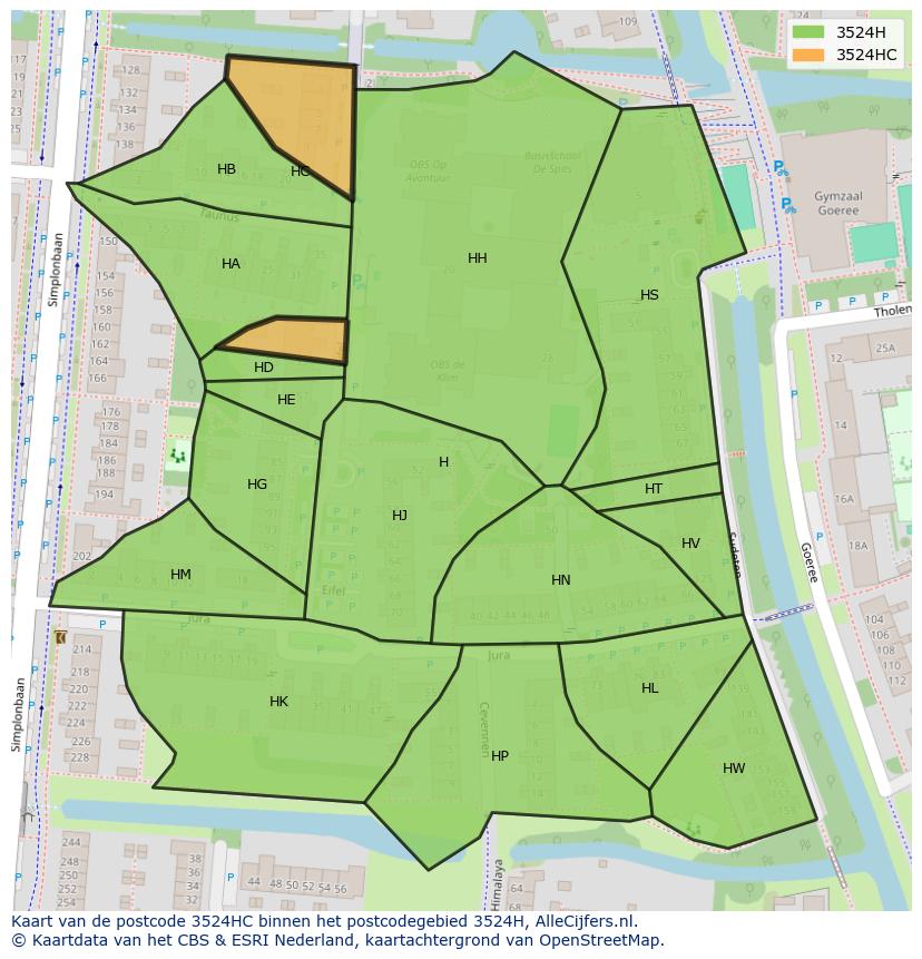 Afbeelding van het postcodegebied 3524 HC op de kaart.