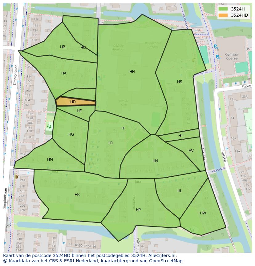 Afbeelding van het postcodegebied 3524 HD op de kaart.