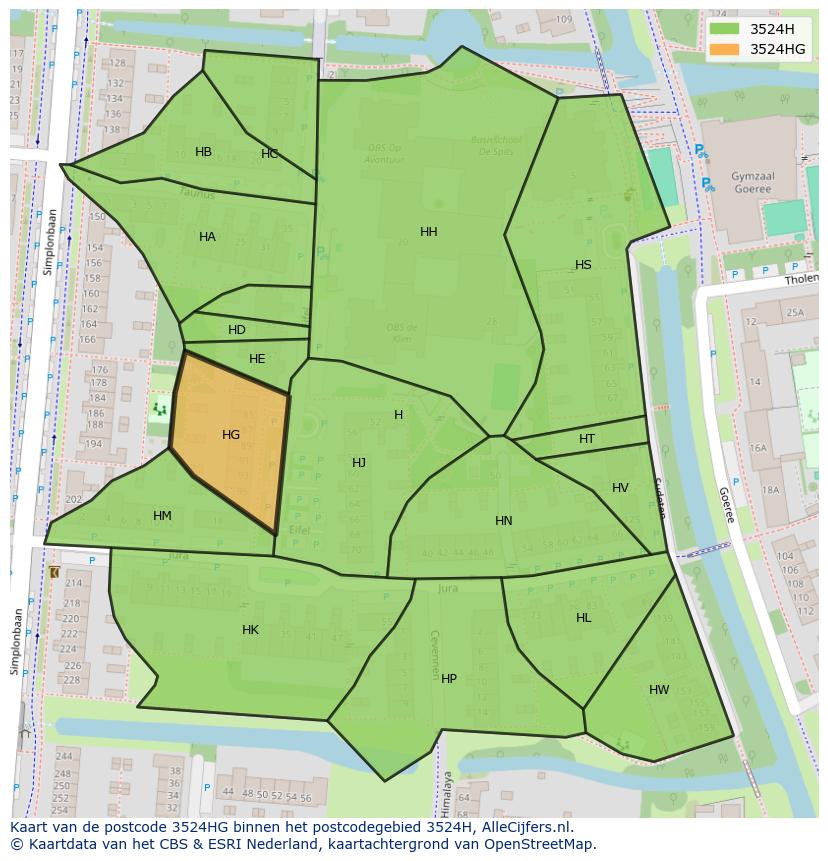 Afbeelding van het postcodegebied 3524 HG op de kaart.