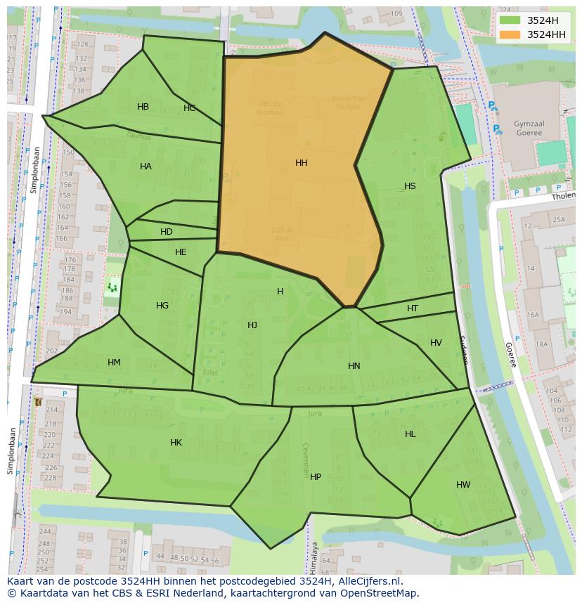 Afbeelding van het postcodegebied 3524 HH op de kaart.