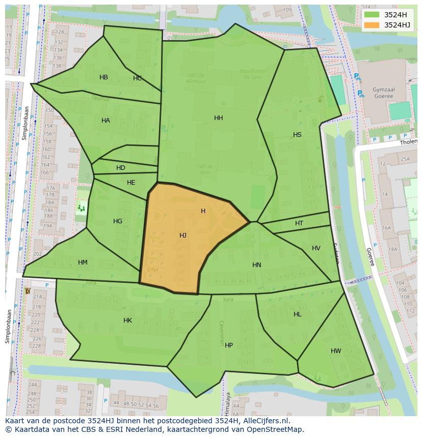 Afbeelding van het postcodegebied 3524 HJ op de kaart.