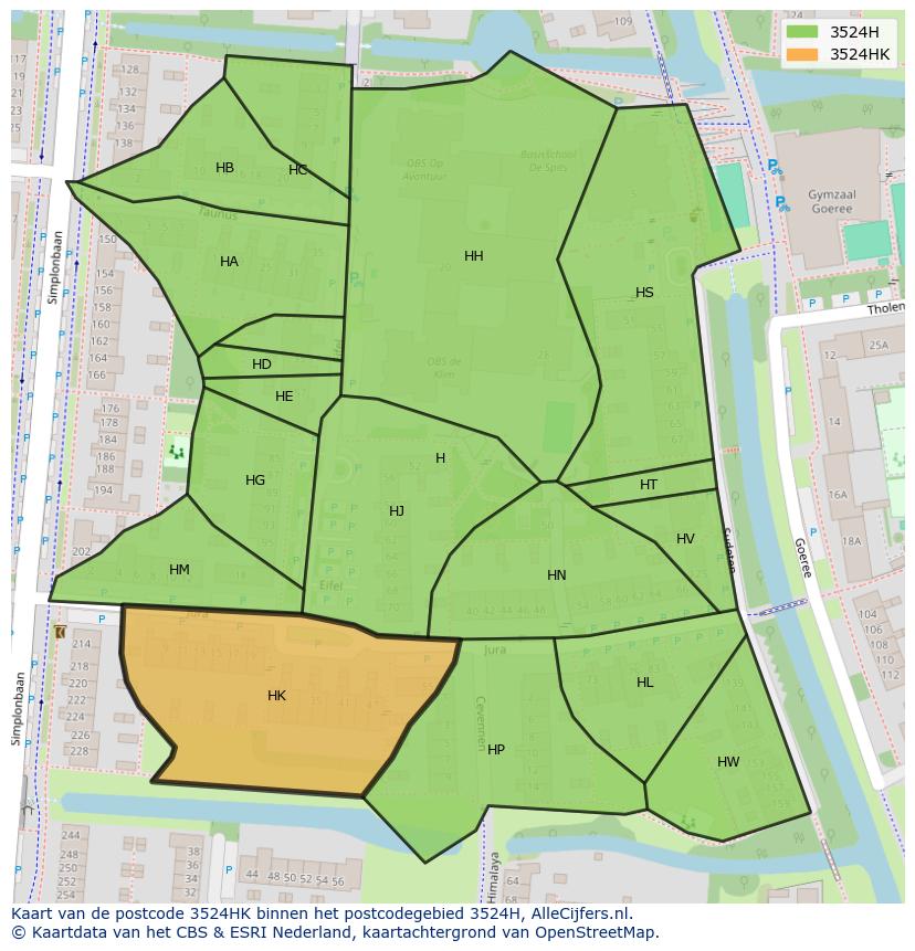 Afbeelding van het postcodegebied 3524 HK op de kaart.