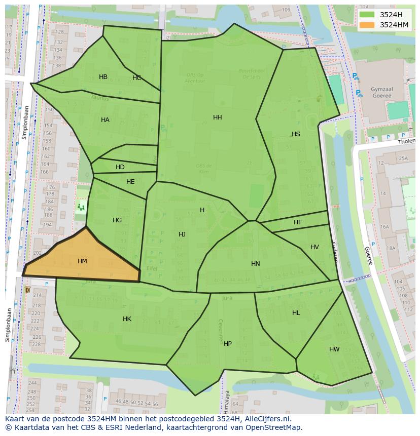 Afbeelding van het postcodegebied 3524 HM op de kaart.