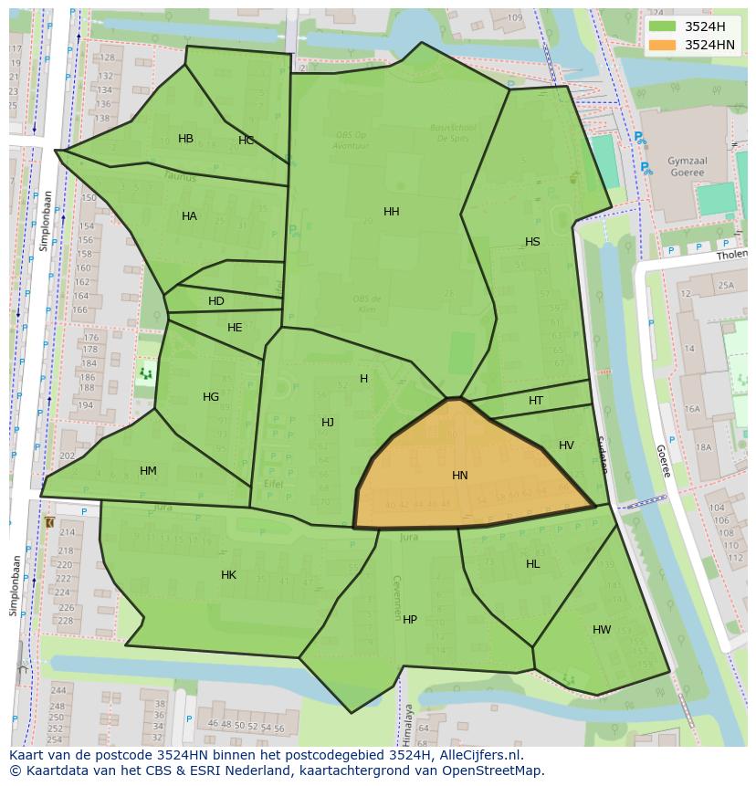 Afbeelding van het postcodegebied 3524 HN op de kaart.