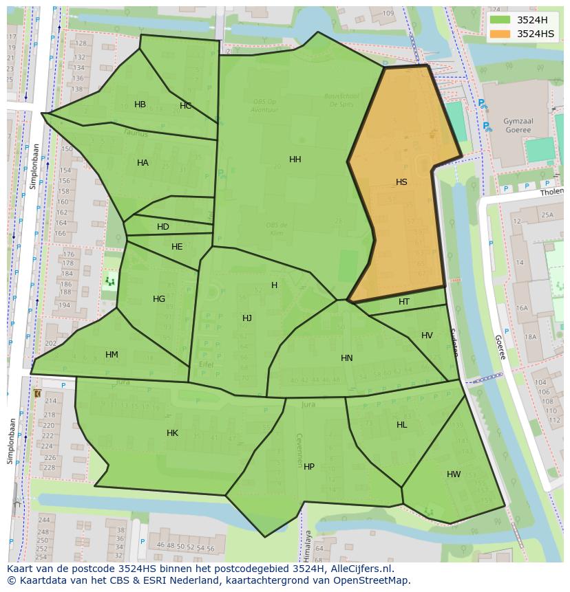 Afbeelding van het postcodegebied 3524 HS op de kaart.