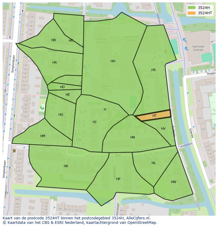 Afbeelding van het postcodegebied 3524 HT op de kaart.
