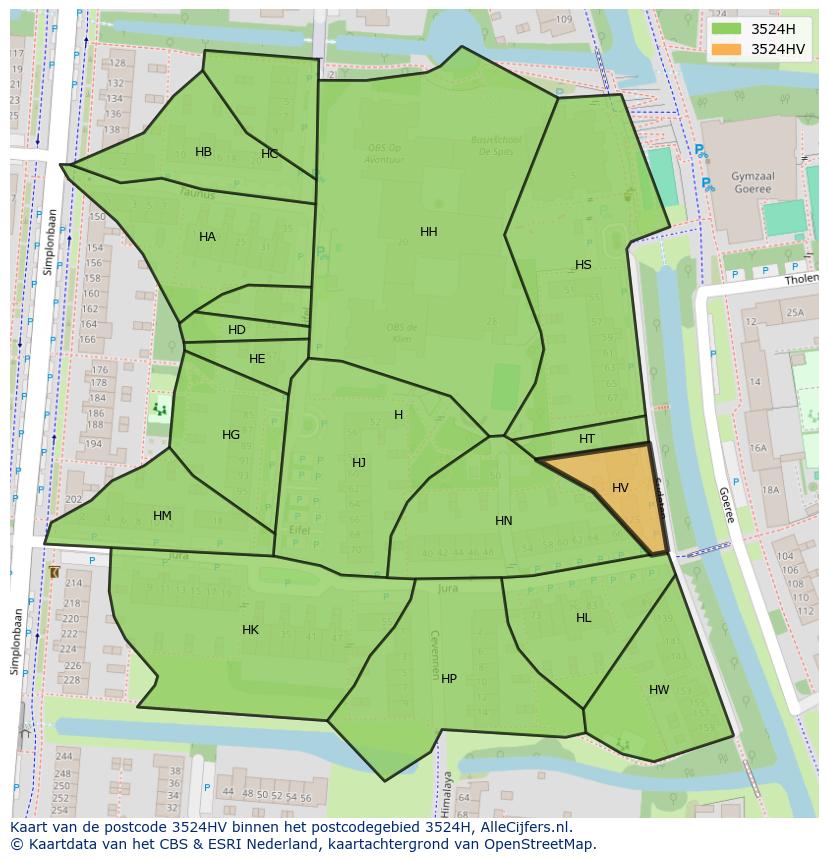 Afbeelding van het postcodegebied 3524 HV op de kaart.