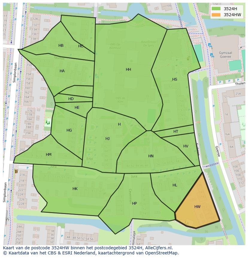 Afbeelding van het postcodegebied 3524 HW op de kaart.