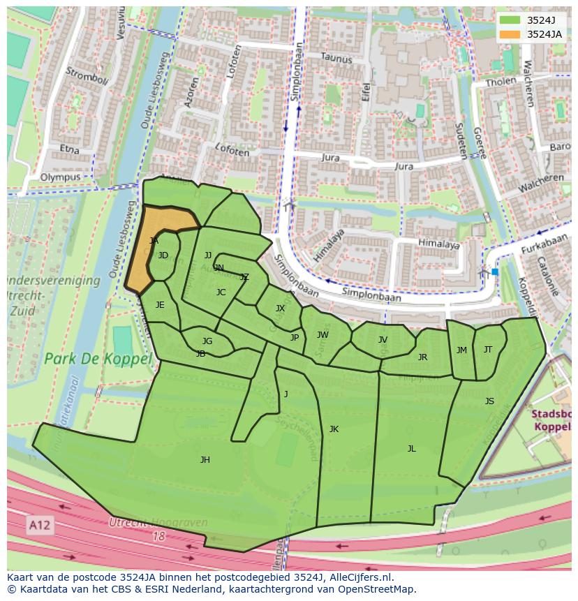 Afbeelding van het postcodegebied 3524 JA op de kaart.