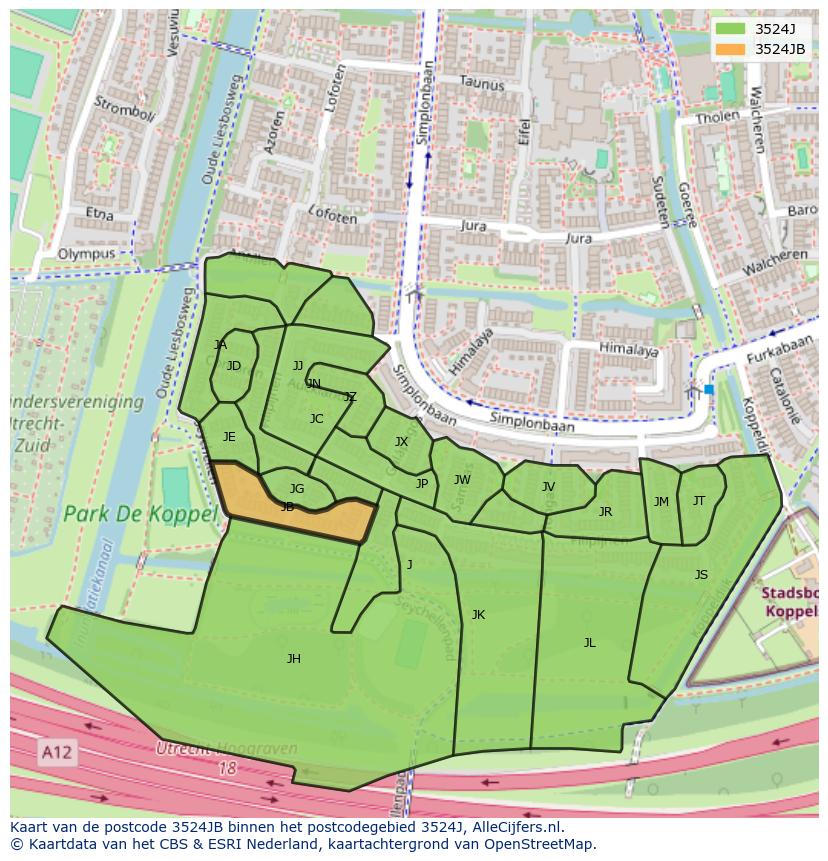 Afbeelding van het postcodegebied 3524 JB op de kaart.