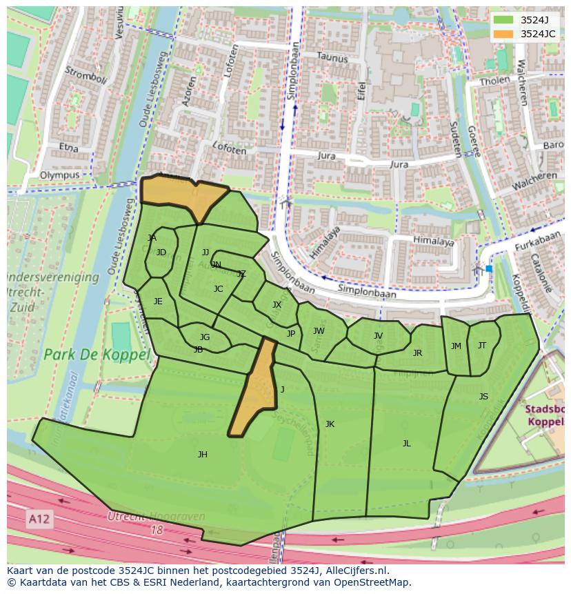 Afbeelding van het postcodegebied 3524 JC op de kaart.