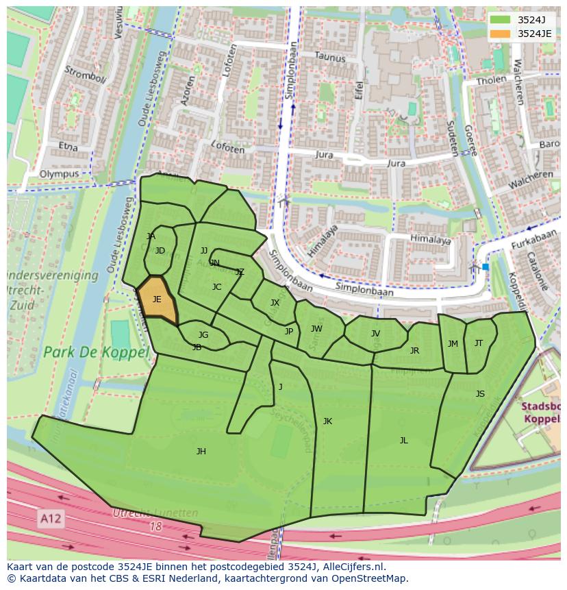 Afbeelding van het postcodegebied 3524 JE op de kaart.