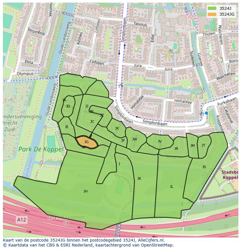 Afbeelding van het postcodegebied 3524 JG op de kaart.