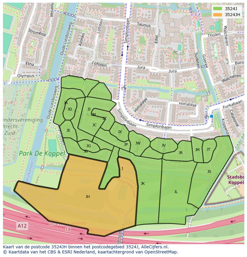 Afbeelding van het postcodegebied 3524 JH op de kaart.