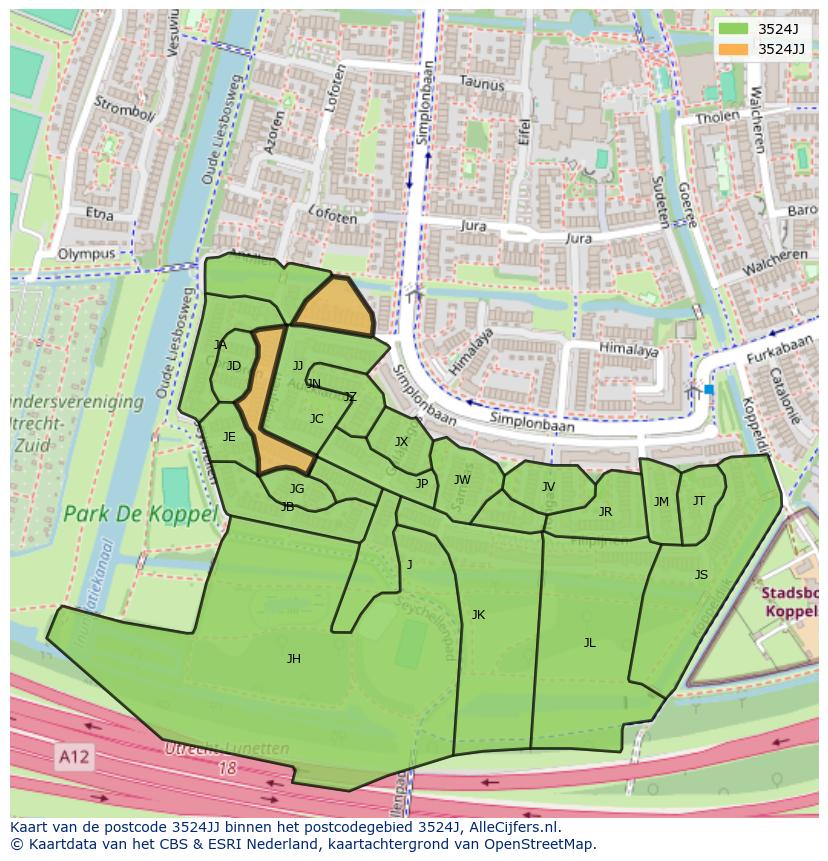 Afbeelding van het postcodegebied 3524 JJ op de kaart.