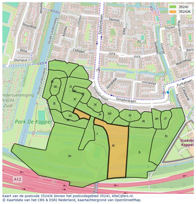 Afbeelding van het postcodegebied 3524 JK op de kaart.