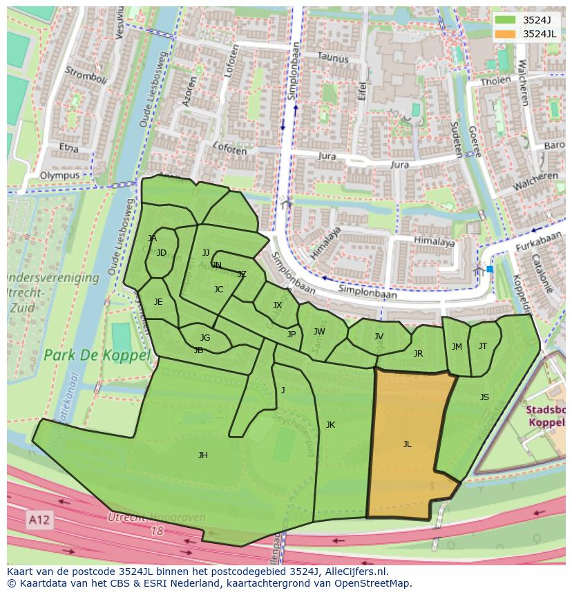 Afbeelding van het postcodegebied 3524 JL op de kaart.