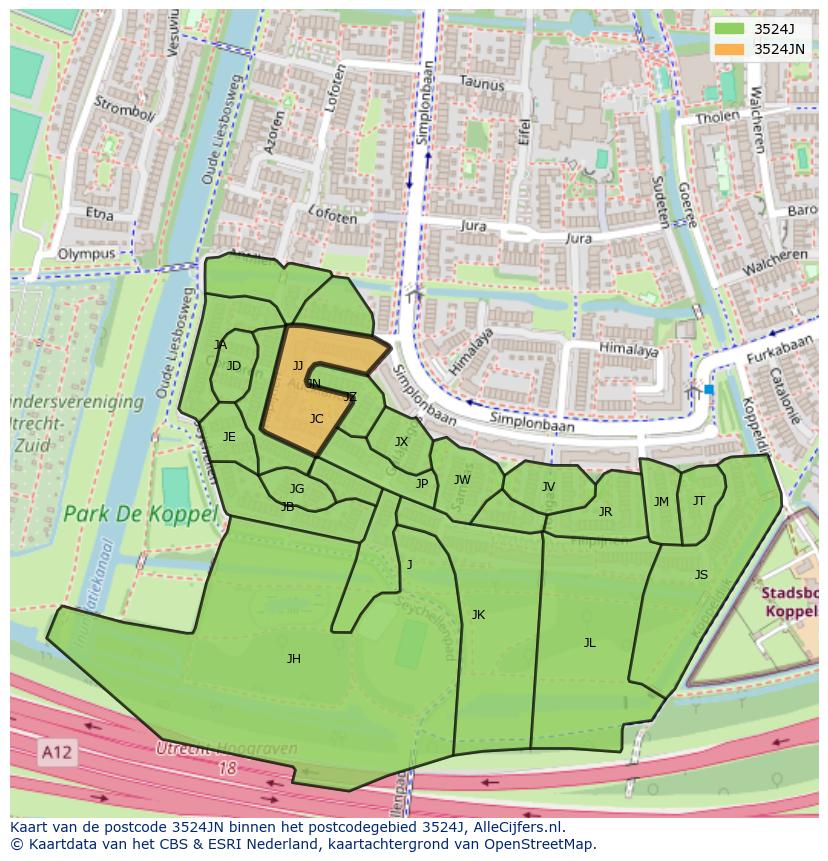Afbeelding van het postcodegebied 3524 JN op de kaart.