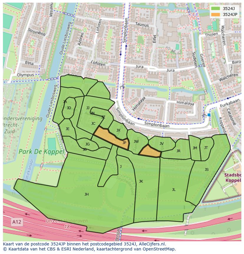 Afbeelding van het postcodegebied 3524 JP op de kaart.