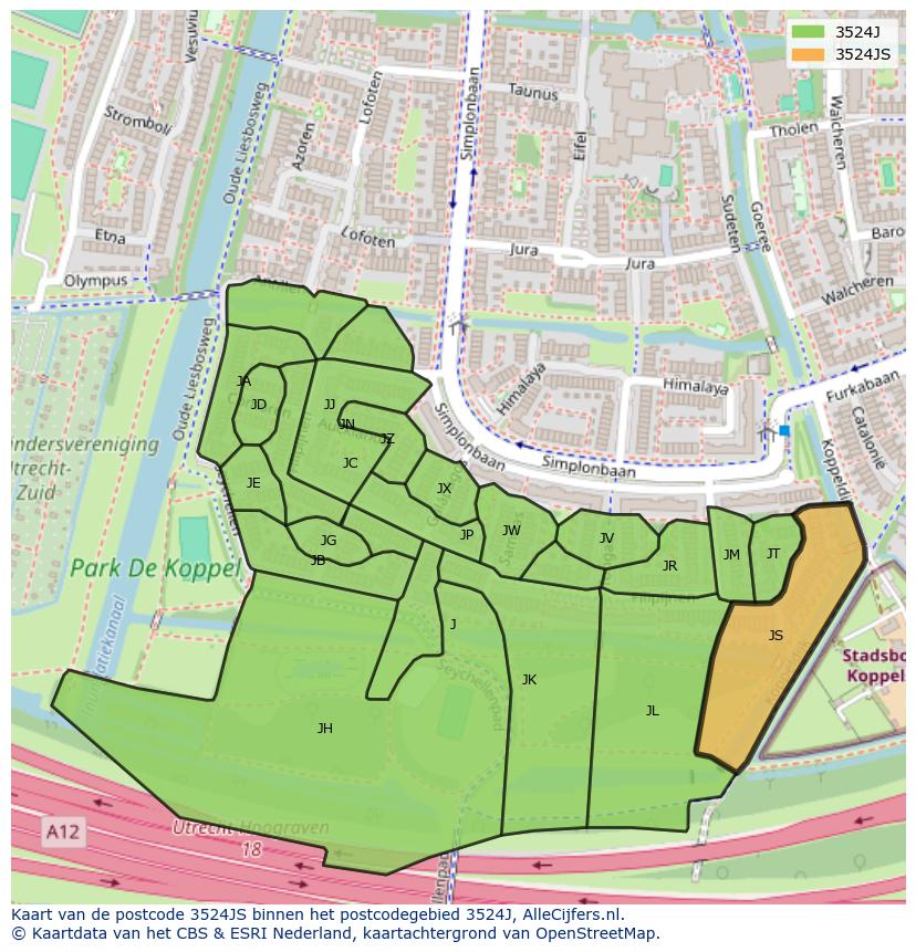 Afbeelding van het postcodegebied 3524 JS op de kaart.