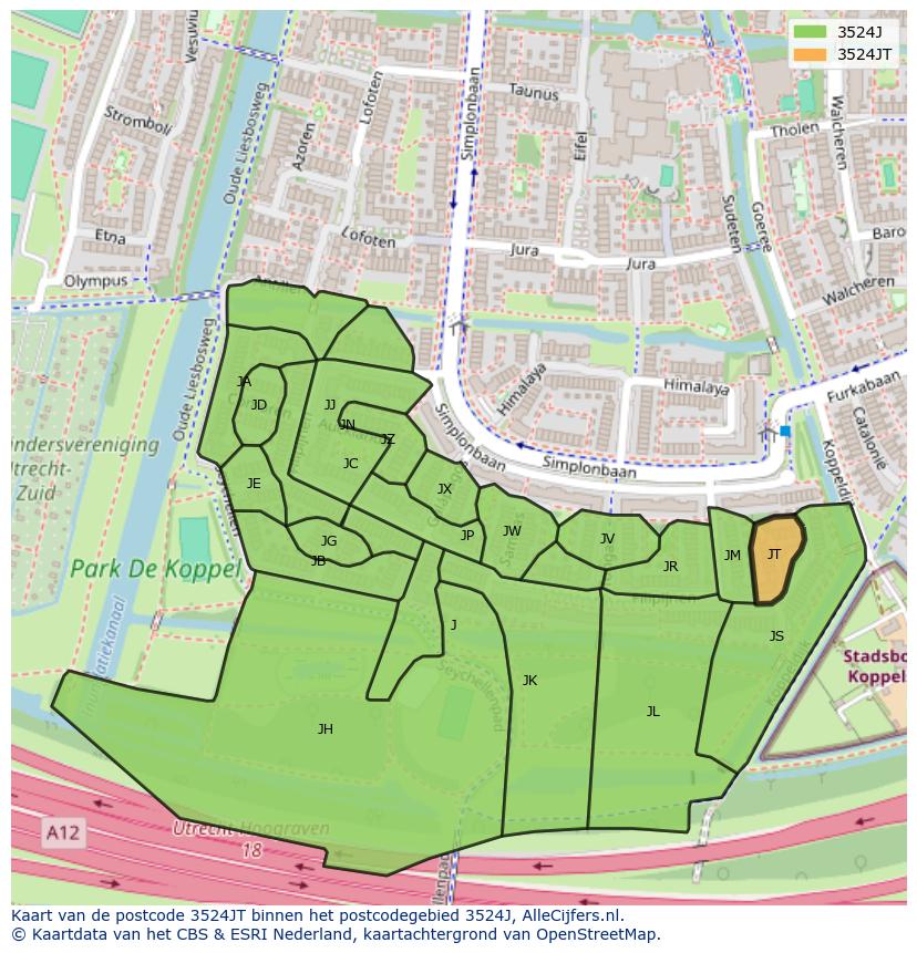 Afbeelding van het postcodegebied 3524 JT op de kaart.