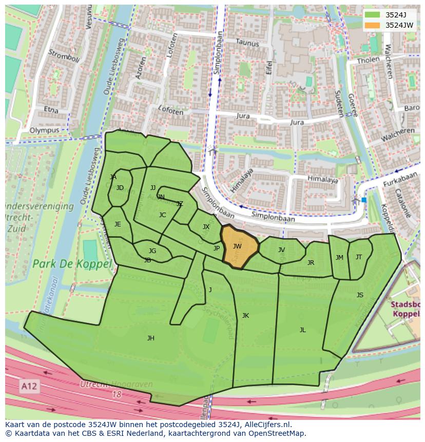 Afbeelding van het postcodegebied 3524 JW op de kaart.