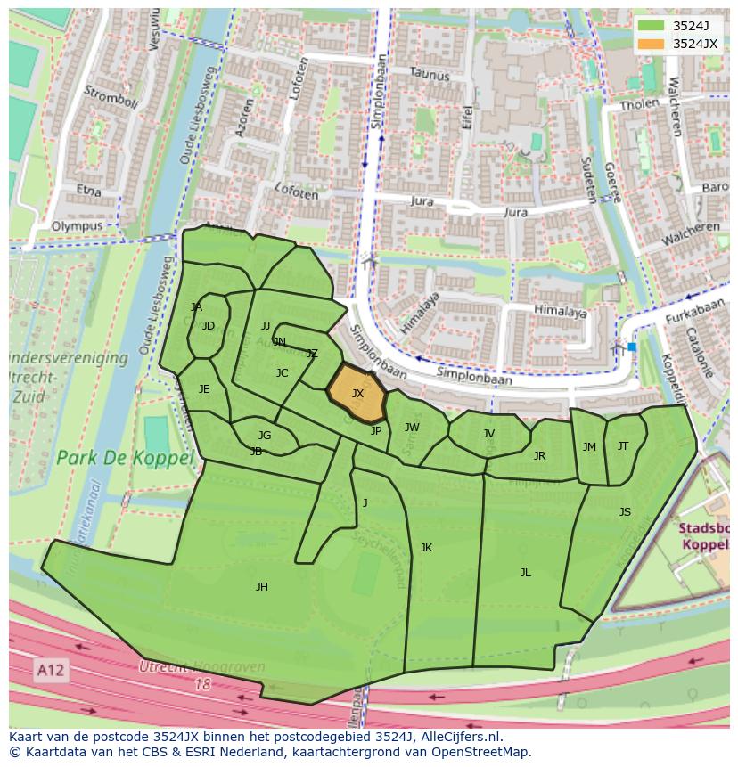 Afbeelding van het postcodegebied 3524 JX op de kaart.