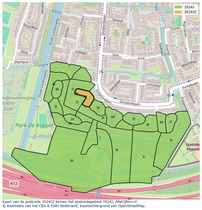 Afbeelding van het postcodegebied 3524 JZ op de kaart.