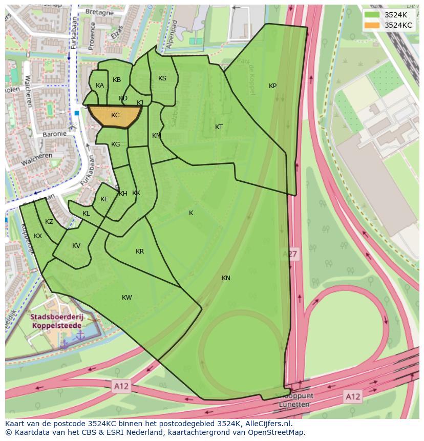 Afbeelding van het postcodegebied 3524 KC op de kaart.