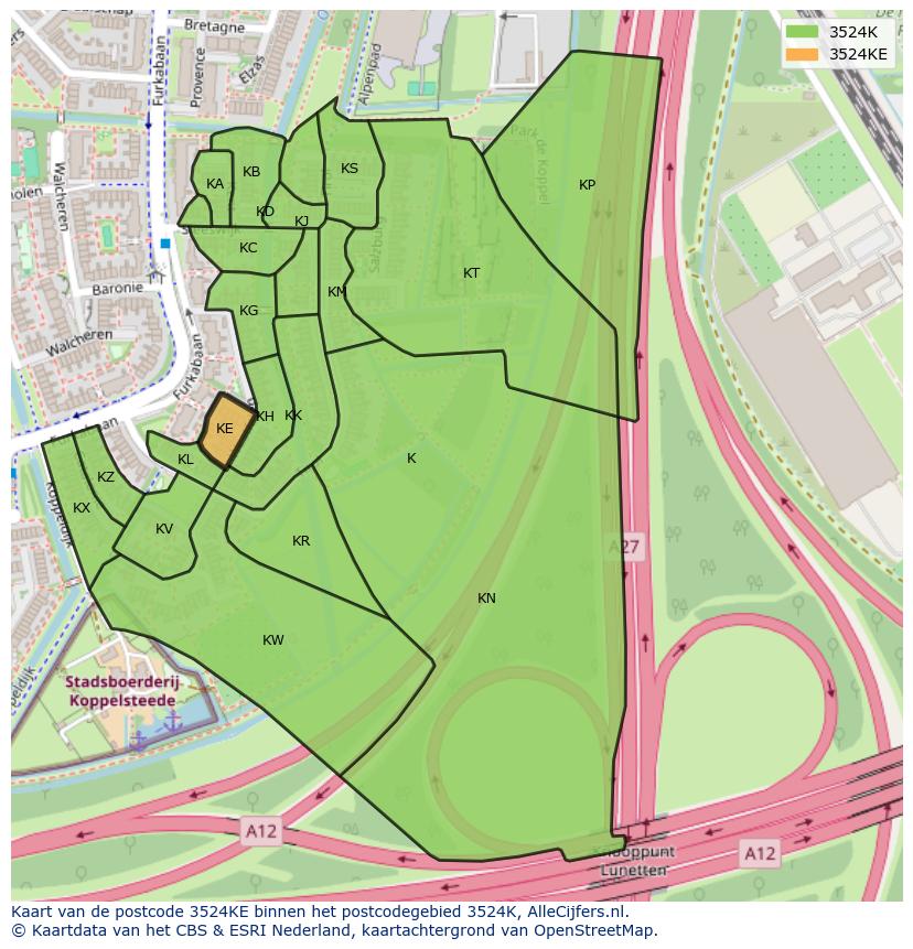 Afbeelding van het postcodegebied 3524 KE op de kaart.